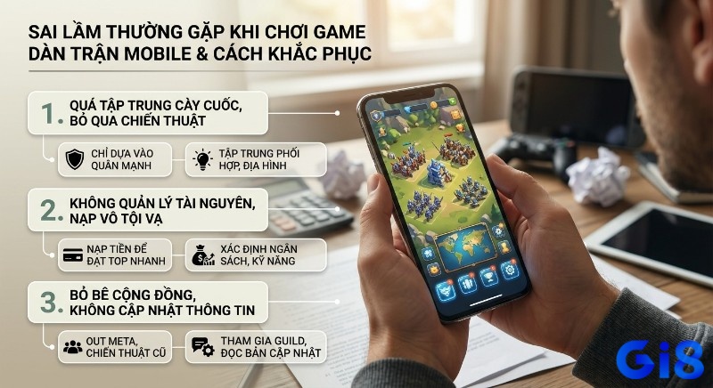 Checklist 3 sai lầm khi chơi, top game dàn trận mobile: cày cuốc, nạp tiền vô tội vạ, bỏ bê cộng đồng và cách khắc phục