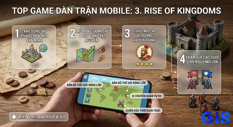 Sơ đồ 4 bước chơi của Rise of Kingdoms – game dàn trận mobile: xây dựng, chiêu mộ tướng, tham gia chiến đấu
