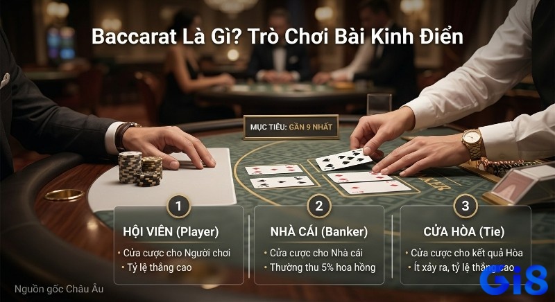 Tổng quan Baccarat là gì: Mục tiêu gần 9 nhất cùng 3 cửa cược chính Player, Banker, Tie được giải thích chi tiết