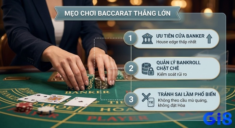 Quy trình 3 mẹo chơi Baccarat là gì hiệu quả giúp thắng lớn, tập trung vào cửa Banker, quản lý bankroll và tránh sai lầm
