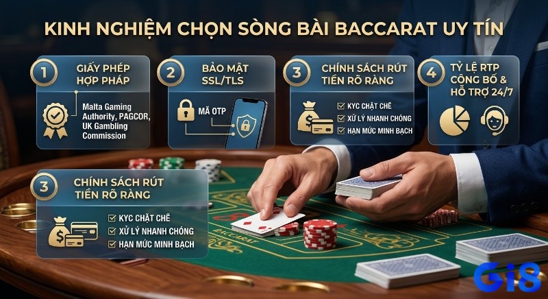Kinh nghiệm 4 tiêu chí chọn sòng bài Baccarat là gì uy tín gồm giấy phép hợp pháp, bảo mật, chính sách rút tiền rõ ràng và hỗ trợ 24/7