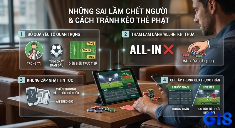 Checklist 4 sai lầm chết người khi chơi cá cược bóng đá kèo thẻ phạt gồm bỏ qua trọng tài, ALL-IN khi thua, không cập nhật tin tức và bỏ qua kèo live
