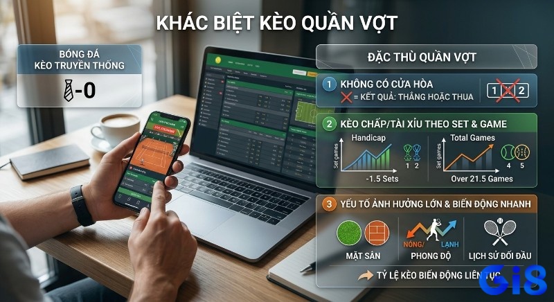 Bảng phân tích sự khác biệt kèo quần vợt so với bóng đá, chi tiết các đặc thù không hòa, kèo theo set/game, biến động nhanh
