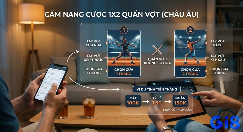 Cách đọc kèo quần vợt Châu Âu, giải thích chi tiết lựa chọn tay vợt chủ nhà, khách và ví dụ tính tiền thắng