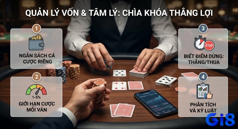 Tổng quan chiến lược 4 bước quản lý vốn và kiểm soát tâm lý giúp đạt thắng lợi, gồm giới hạn cược và điểm dừng