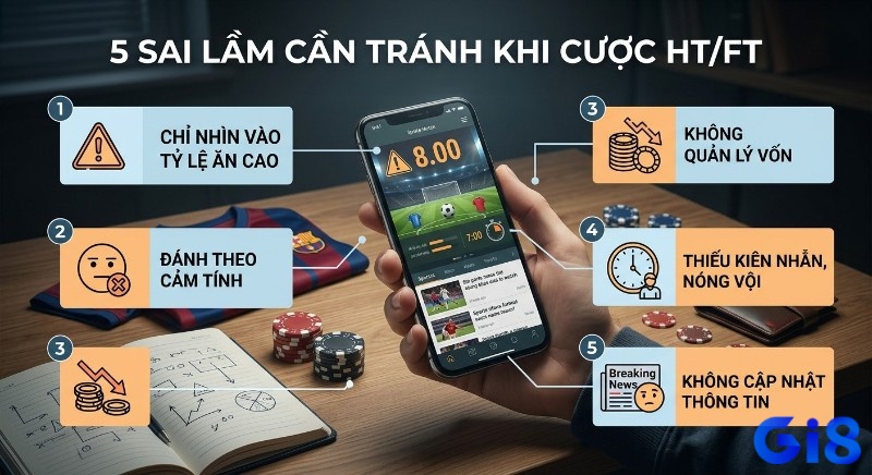 Checklist 5 sai lầm cần tránh khi cá cược Half Time/Full Time, bao gồm quản lý vốn và cập nhật tin tức trên ứng dụng điện thoại