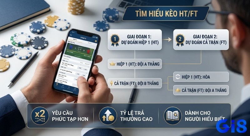Quy trình kèo cược Half Time/Full Time, với 2 giai đoạn dự đoán, yêu cầu phức tạp và tỷ lệ trả thưởng cao