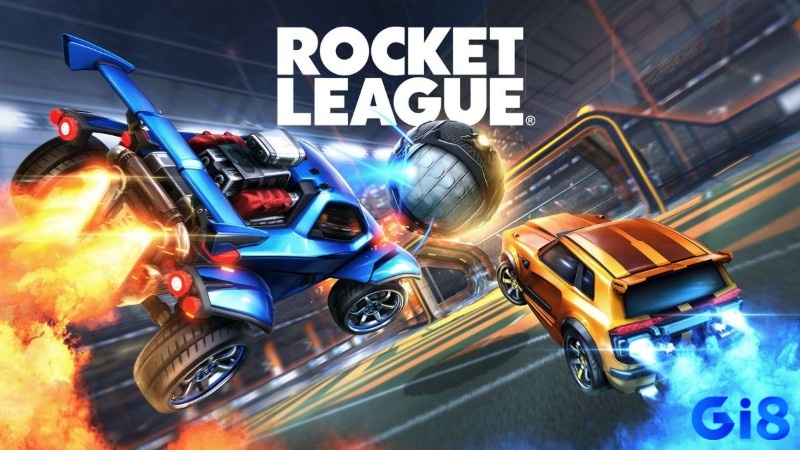 Hai chiếc xe trong Rocket League lao lên tranh bóng giữa sân đấu rực sáng và đầy tốc độ
