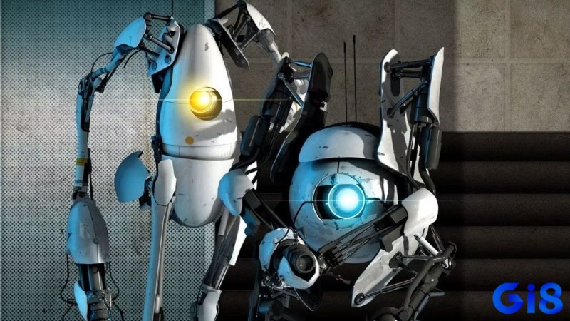 Hai robot trong Portal 2 dùng cổng dịch chuyển để vượt qua một căn phòng giải đố hiện đại