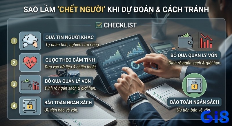 Checklist cách tránh sai lầm 'chết người' khi dự đoán kèo: tự phân tích, cược dựa dữ liệu, quản lý vốn rõ ràng và bảo toàn ngân sách