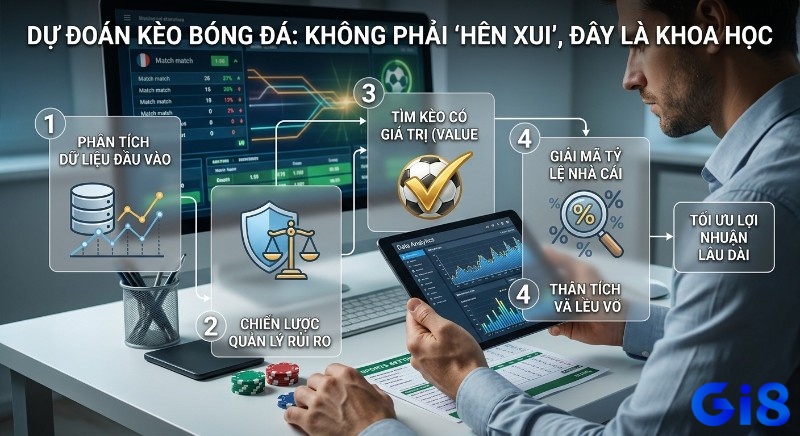 Sơ đồ quy trình khoa học dự đoán kèo bóng đá qua phân tích dữ liệu, quản lý rủi ro và tìm kèo giá trị, tối ưu lợi nhuận lâu dài theo hướng dẫn dự đoán kèo bóng đá
