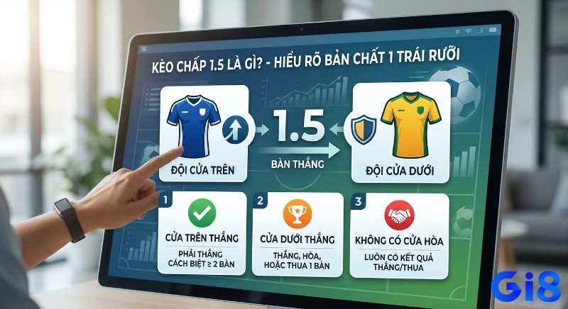 Hướng dẫn kèo chấp 1.5 là gì bóng đá, giải thích điều kiện cửa trên thắng khi cách biệt 2 bàn, cửa dưới thắng khi thua 1 bàn và không có cửa hòa