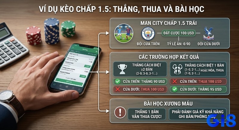 Minh họa ví dụ kèo chấp 1.5 là gì trận Man City vs Crystal Palace, chỉ rõ kịch bản thắng thua và bài học đặt cược