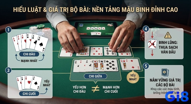 Hướng dẫn luật xếp bài Mậu Binh, minh họa cách sắp xếp chi đầu, chi giữa, chi cuối và cảnh báo binh lủng giúp chơi hiệu quả