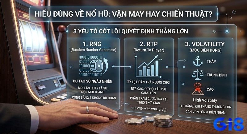Phân tích 3 yếu tố cốt lõi RNG, RTP và Volatility định hình chiến thuật nổ hũ, giúp người chơi tối ưu mẹo quay nổ hũ thắng lớn