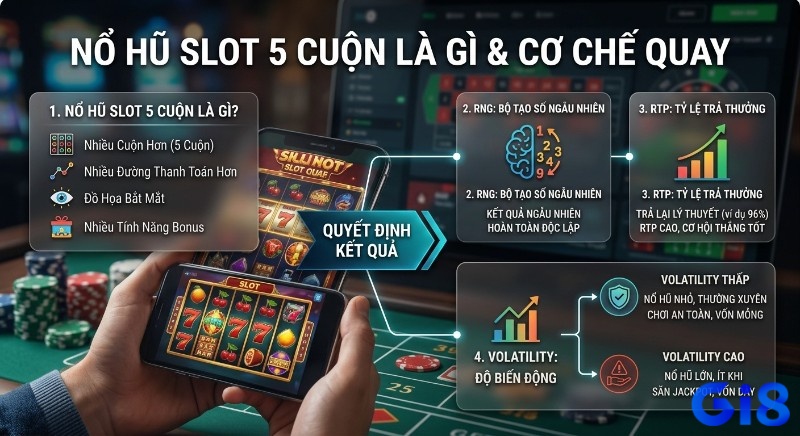Sơ đồ giải thích cơ chế nổ hũ slot 5 cuộn, làm rõ RNG, RTP và Volatility giúp anh em chọn game thắng
