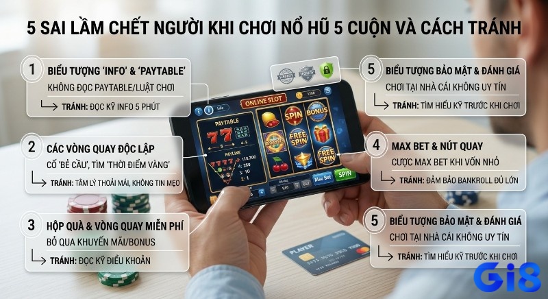 Tổng hợp 5 sai lầm khi chơi nổ hũ slot 5 cuộn, và các bước tránh từ không đọc luật, cược thiếu kiểm soát đến chọn nhà cái uy tín