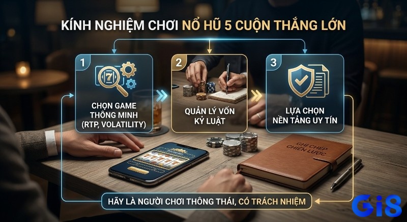 Tổng quan chiến lược chơi nổ hũ slot 5 cuộn thắng lớn: 3 bước chọn game (RTP, Volatility), quản lý vốn, nền tảng uy tín