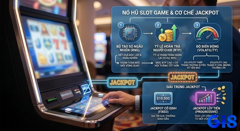 Sơ đồ giải thích cơ chế Jackpot trong nổ hũ slot game: RNG, RTP, Volatility và phân loại Jackpot cố định, lũy tiến