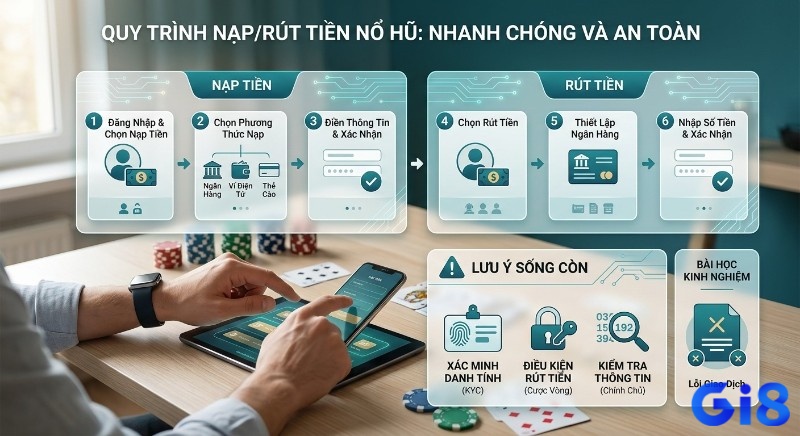 Checklist các bước nạp rút tiền nổ hũ slot game an toàn, chi tiết cách thực hiện và lưu ý về xác minh danh tính, vòng cược