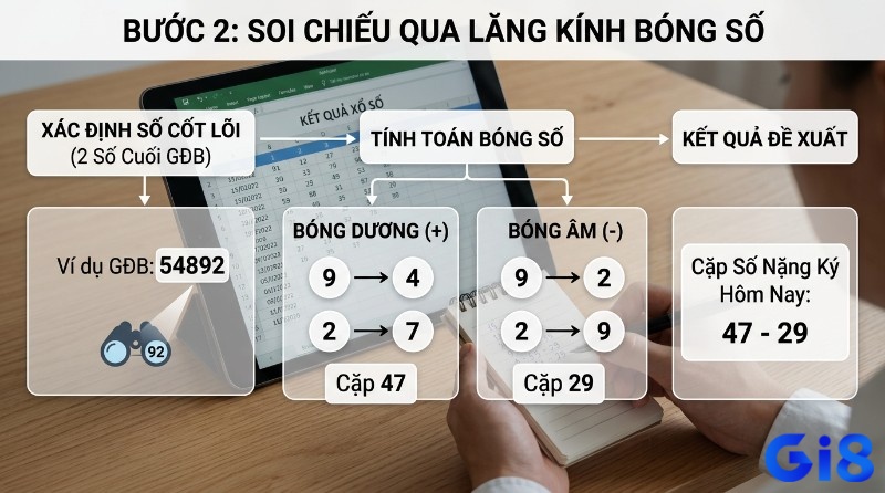 Soi chiếu qua lăng kính bóng số xác định số cuối GĐB 54892, tính bóng dương 92 ra 47 và bóng âm 92 ra 29, đề xuất cặp số 47-29