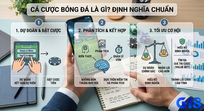 Quy trình 3 bước định nghĩa chuẩn cá cược bóng đá là gì: dự đoán, phân tích thông tin, quản lý vốn để tối ưu cơ hội và tìm value bet