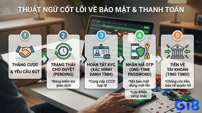 Các thuật ngữ cược eSports cốt lõi về bảo mật, và thanh toán nền tảng: quy trình 5 bước rút tiền từ thắng cược, chờ duyệt, hoàn tất KYC, nhận OTP đến tiền về tài khoản