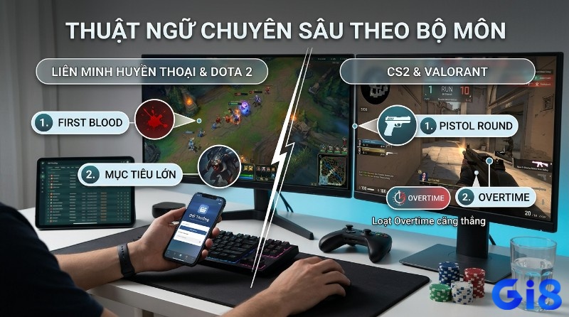 Các thuật ngữ cược eSports game chuyên sâu: Liên Minh Huyền Thoại, Dota 2 với First Blood, Mục tiêu lớn; CS2, Valorant với Pistol Round, Overtime trên màn hình chơi game