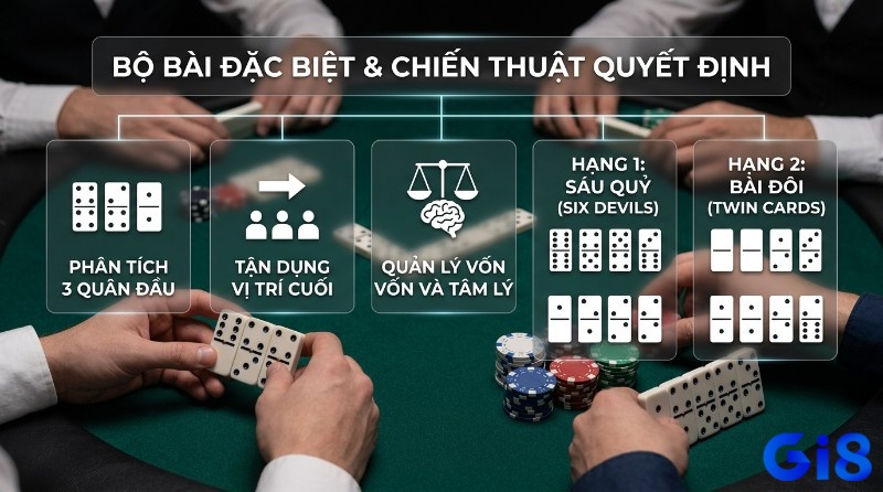 Bộ bài đặc biệt và chiến thuật quyết định cách chơi Domino QiuQiu: Sáu Quỷ, Bài Đôi, phân tích 3 quân đầu, tận dụng vị trí cuối, quản lý vốn