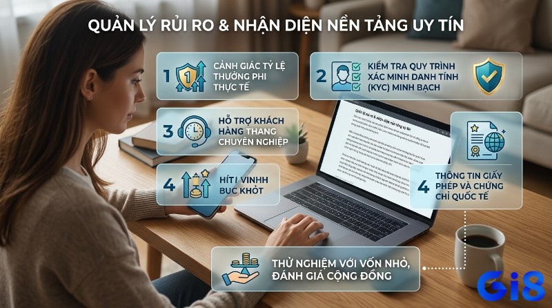 Quản lý rủi ro, nhận diện nền tảng uy tín: cảnh giác tỷ lệ thưởng phi thực tế, KYC, hỗ trợ khách hàng, giấy phép quốc tế, thử nghiệm vốn nhỏ