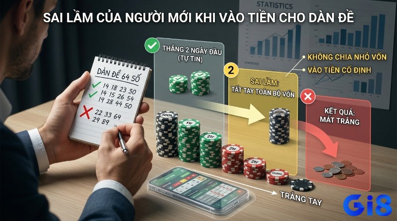 Sai lầm người mới vào tiền dàn đề 64 số: thắng 2 ngày đầu, tất tay toàn bộ vốn dẫn đến mất trắng. Minh họa cọc chip tiền, ghi chú không chia nhỏ vốn, vào tiền cố định