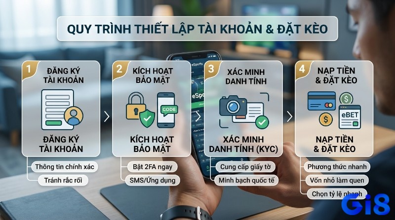 Quy trình thiết lập tài khoản và cách cược eSports online gồm 4 bước: đăng ký, kích hoạt bảo mật 2FA, xác minh danh tính KYC, nạp tiền nhanh chóng