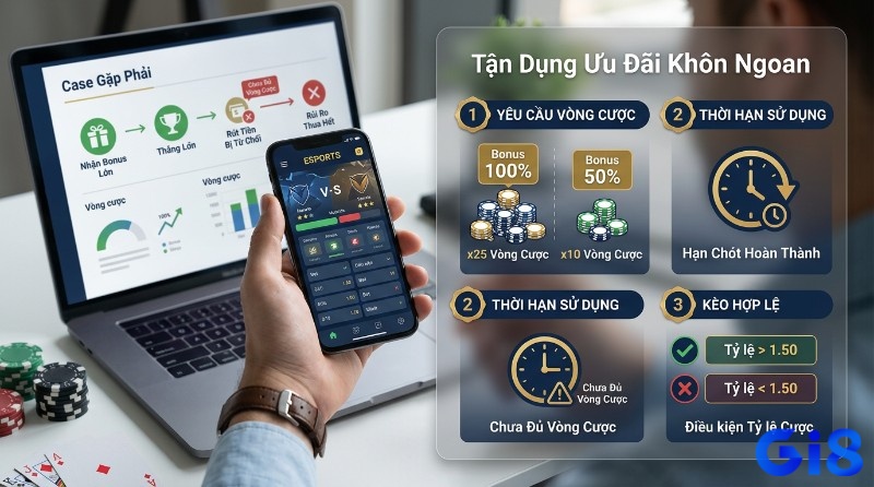 Tận dụng ưu đãi khôn ngoan: yêu cầu vòng cược (bonus 100% x25, 50% x10), thời hạn sử dụng và kèo hợp lệ (tỷ lệ > 1.50)