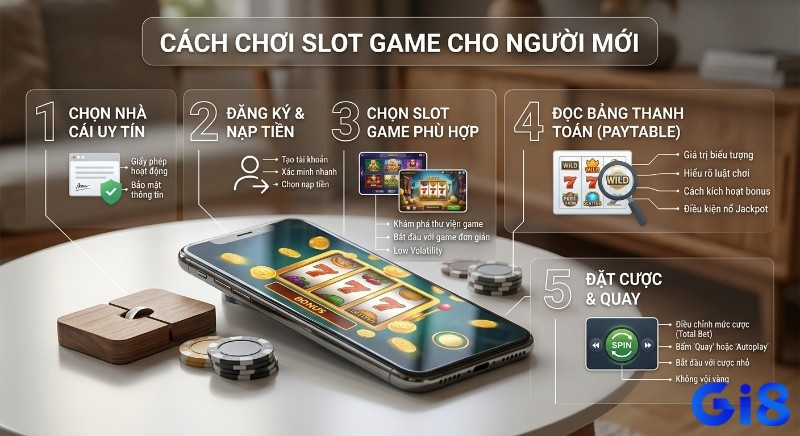 Quy trình 5 bước chơi Casino slot machine, đổi thưởng từ A-Z cho người mới, hướng dẫn chọn nhà cái, đọc Paytable và đặt cược