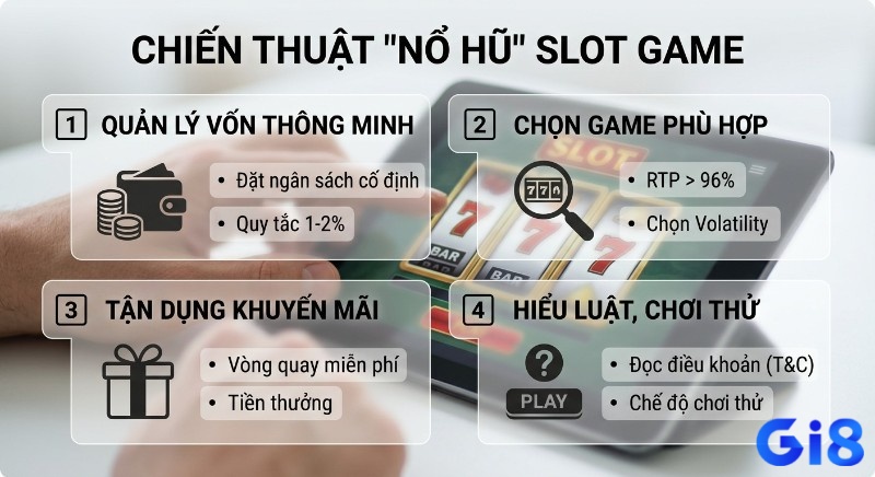 Tổng quan 4 chiến thuật nổ hũ Casino slot machine hiệu quả, gồm quản lý vốn, chọn game RTP > 96%, tận dụng ưu đãi và chơi thử