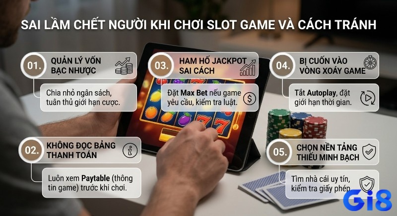 5 sai lầm cần tránh khi chơi: quản lý vốn, không đọc Paytable, ham Jackpot, bị cuốn game, chọn nhà cái kém
