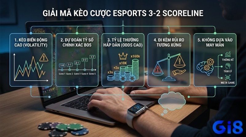 Kèo cược eSports 3‑2 scoreline giải mã: biến động cao, dự đoán tỷ số BO5, odds x160, rủi ro, thống kê, tâm lý, meta game