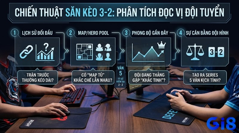 Phân tích đọc vị đội tuyển để "săn" kèo cược eSports 3‑2 scoreline: đánh giá lịch sử đối đầu, map/hero pool, phong độ, cân bằng đội hình tạo series 5 ván kịch tính