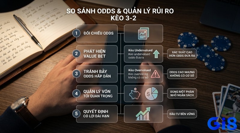 So sánh odds, và quản lý rủi ro kèo 3-2, qua 5 bước,: đối chiếu, phát hiện value bet, tránh bẫy, quản lý vốn, quyết định dài hạn