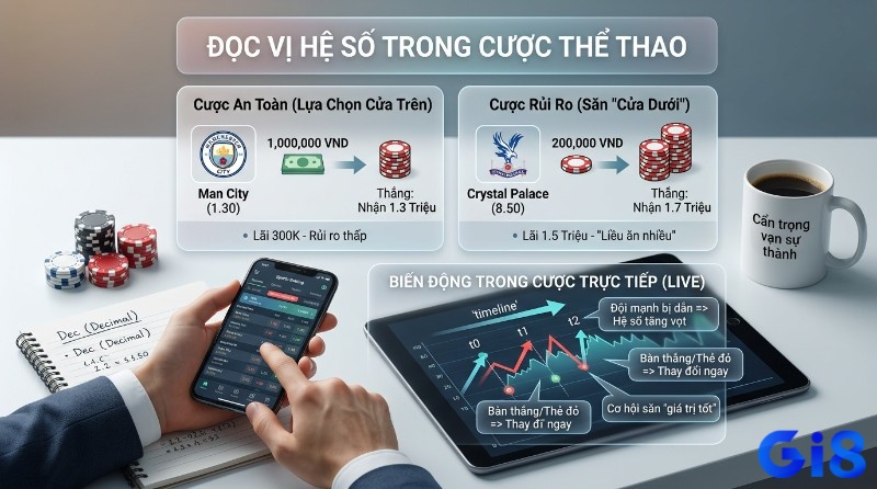 Đọc vị hệ số Decimal trong cược thể thao: ví dụ Man City (1.30), Crystal Palace (8.50) và biến động kèo trực tiếp