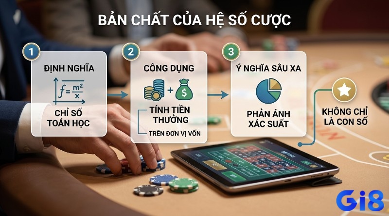 Bản chất cược hệ số là gì: chỉ số toán học tính tiền thưởng trên vốn, phản ánh xác suất. Ba bước định nghĩa, công dụng, ý nghĩa sâu xa trên bàn cược