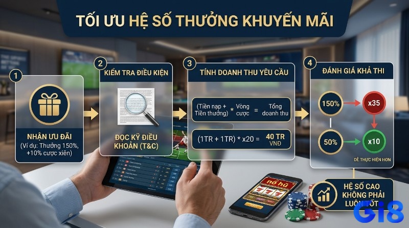 Tối ưu hệ số thưởng khuyến mãi: đọc kỹ T&C, tính doanh thu yêu cầu, đánh giá khả thi 150% x35 và 50% x10 vòng cược