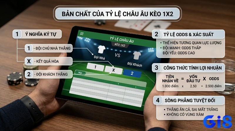 Bản chất kèo 1x2 là gì trên tablet, giải thích ký tự 1 (chủ nhà thắng), X (hòa), 2 (khách thắng), công thức tính lợi nhuận và tỷ lệ Odds