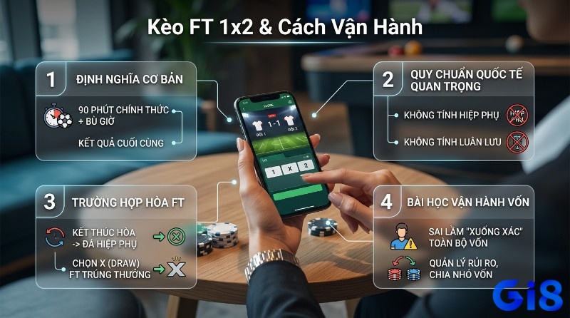 Kèo FT 1x2 Cả trận: định nghĩa 90 phút + bù giờ, không tính hiệp phụ/luân lưu, quản lý vốn hiệu quả. Ứng dụng cá cược bóng đá trên điện thoại