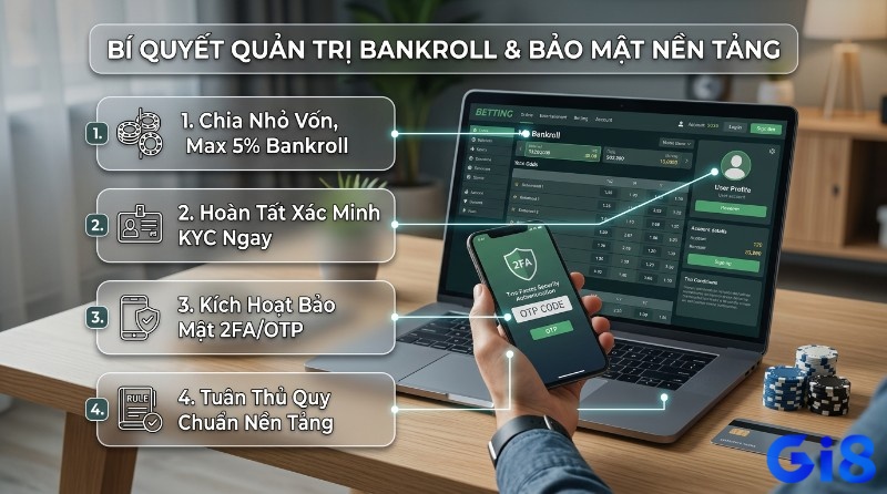 Bí quyết quản trị Bankroll và bảo mật nền tảng cá cược: chia vốn 5%, KYC, 2FA/OTP, tuân thủ quy tắc, hiển thị trên laptop và điện thoại