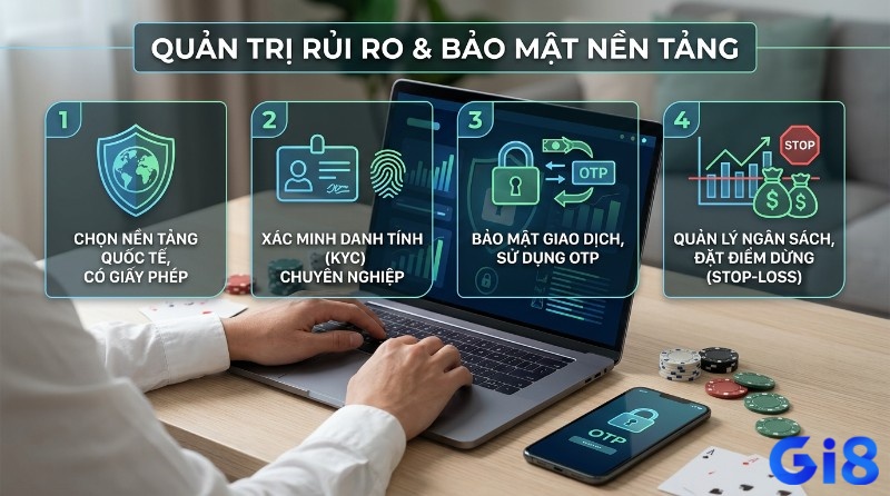 Quản trị rủi ro và bảo mật nền tảng với 4 bước: chọn nền tảng quốc tế, xác minh KYC, bảo mật giao dịch OTP, quản lý ngân sách stop-loss