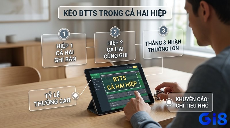Kèo both teams to score trong cả hai hiệp với quy trình 3 bước: hiệp 1, hiệp 2 cả hai ghi bàn để thắng thưởng lớn