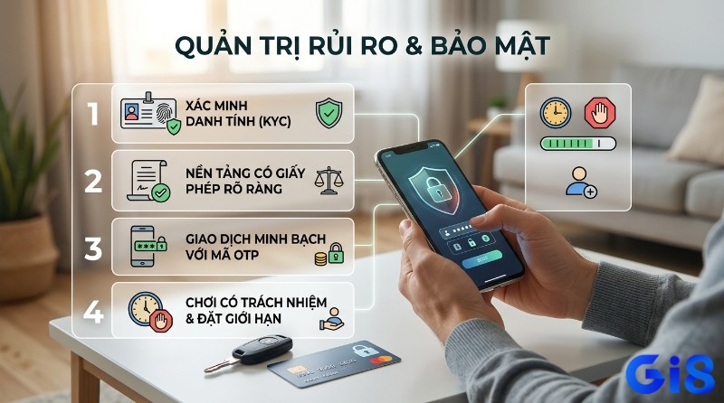 Quản trị rủi ro và bảo mật với 4 nguyên tắc: xác minh danh tính KYC, nền tảng có giấy phép, giao dịch OTP minh bạch, chơi có trách nhiệm và đặt giới hạn