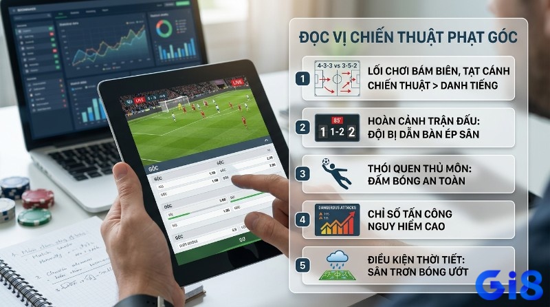 Đọc vị chiến thuật kèo phạt góc là gì qua phân tích lối chơi bám biên, tạt cánh, hoàn cảnh trận đấu, thói quen thủ môn, chỉ số tấn công nguy hiểm và điều kiện thời tiết
