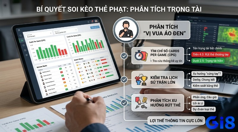 Bí quyết soi kèo thẻ phạt là gì bằng phân tích trọng tài qua chỉ số CPG, lịch sử trận đấu lớn và xu hướng rút thẻ, hiển thị trên tablet và laptop